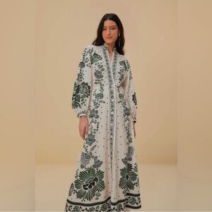 FARM Rio White and Green Floral Long Sleeve Dress